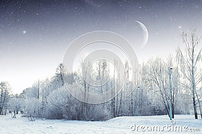 Winter river at night. landscape of Eastern Europe