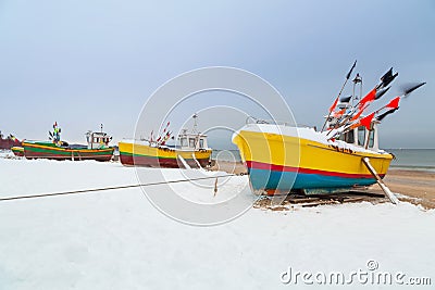 Winter scenery of fishing boats at Baltic Sea
