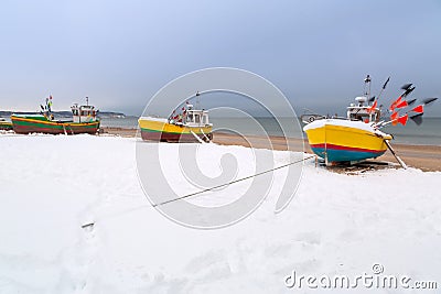 Winter scenery of fishing boats at Baltic Sea