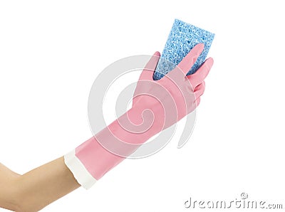 wiping sponge spring cleaning gloves close up hand isolated white background 52194290