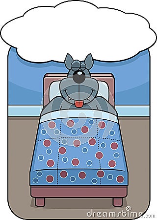 cartoon wolf in bed dreaming and smiling.