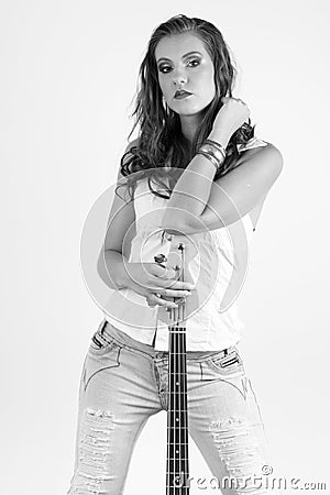 Woman with bass guitar, B&W