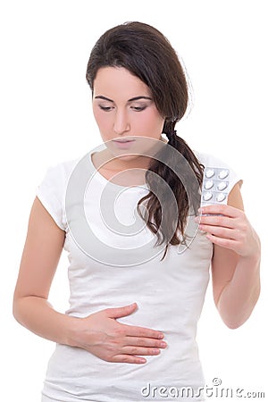 Woman with belly ache isolated on white background