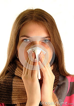 Woman blowing her nose,no makeup