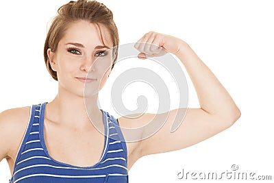 Woman blue striped tank fitness flex close