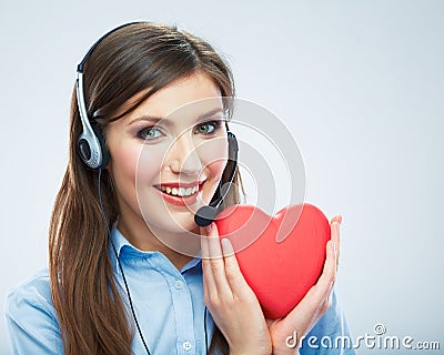 Woman call center operator hold love symbol Red he