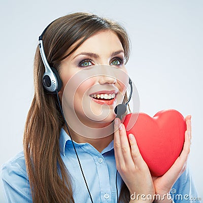 Woman call center operator hold love symbol Red he