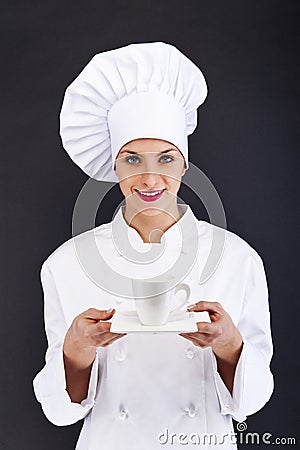 Woman chef, cook or baker portrait with caffe cup