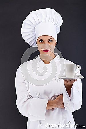 Woman chef, cook or baker portrait with caffe cup