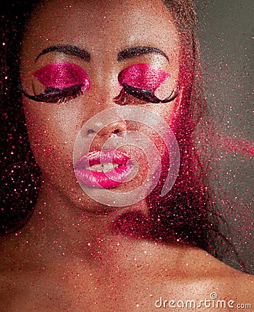 Glitter Makeup on Wearing Creative Magenta Makeup With Glitter Floating Past Her Face