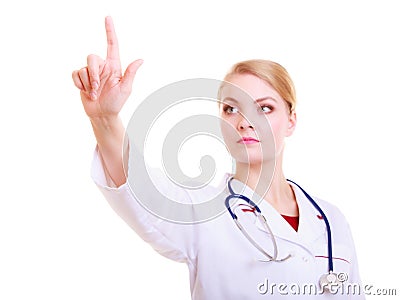Woman doctor lab coat pointing blank copy space