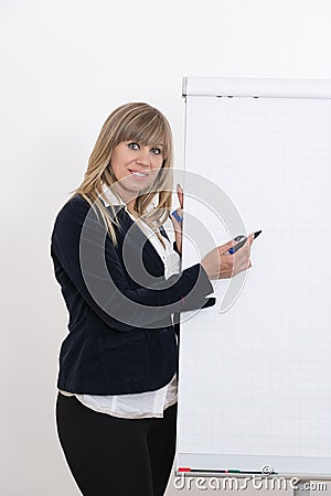 Woman is drawing on a flip chart