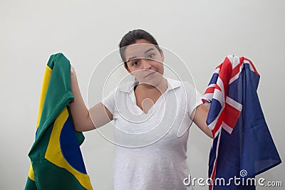 Woman with flags in the white background