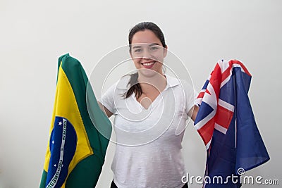 Woman with flags in the white background