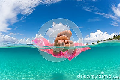 Woman float raft tropical water