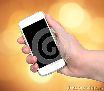 Woman hand showing smart phone with isolated screen on an abstra