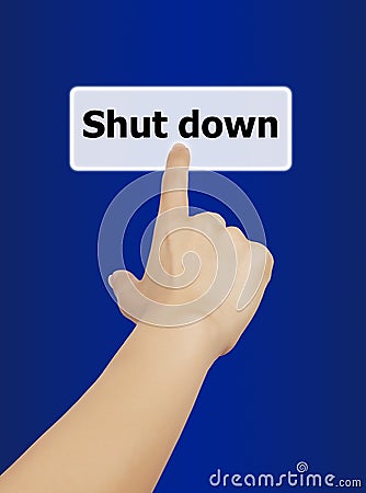 Woman hand touching button shut down keyword.
