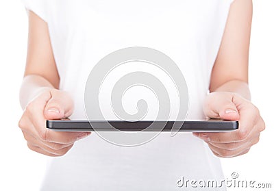 Woman hand using a touch screen device.