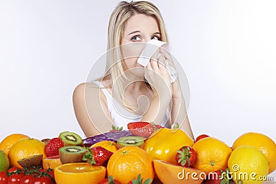 Woman with handkerchief and a lot of fruits