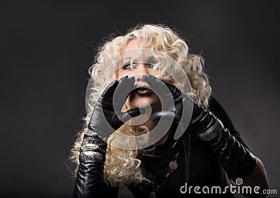 Woman hands around mouth, loud talking speaking, blonde curly ha