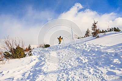 Woman hiking in winter mountains