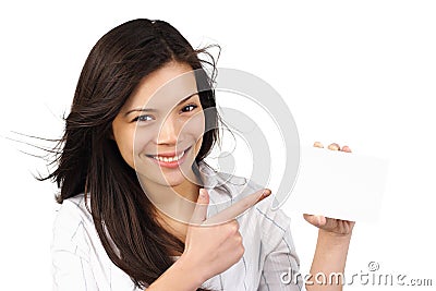 Woman holding blank paper sign / card