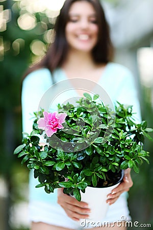 Woman holding flower in a pot.