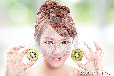 Woman holding kiwi fruit cover her eyes
