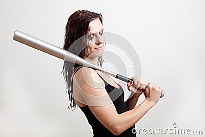 The woman the hooligan holds baseball bat