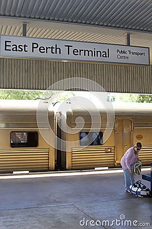 Woman travels with Indian Pacific train,Perth,AUS