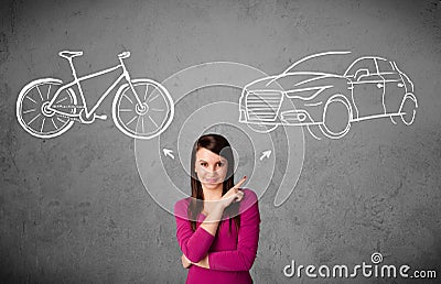 Woman making a choice between bicycle and car