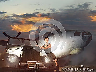 A woman in military clothes on a plane background