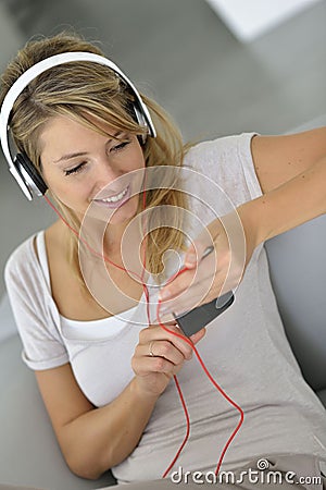 Woman with music headphones on