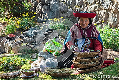 Woman with natural dyes peruvian Andes Cuzco Peru