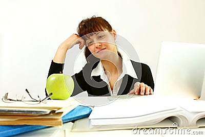 Woman in office with apple