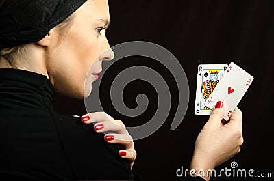 Woman with playing cards (black jack pair)