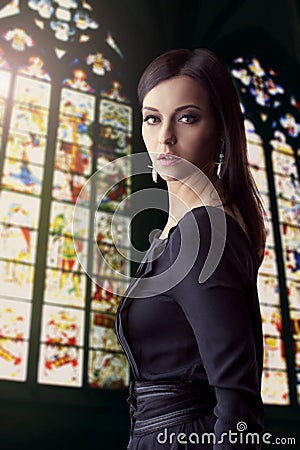 Woman portrait, stained glass window background