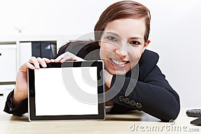 Woman presenting tablet computer