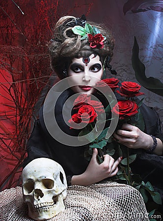 Woman with roses and skull
