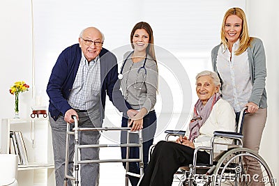 Woman with senior couple getting