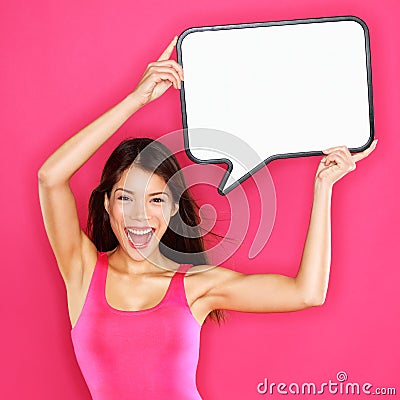 Woman showing sign speech bubble happy sexy