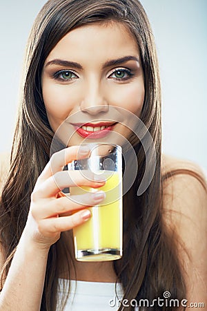 Woman smiling face , juice glass isolated.