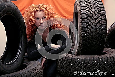 Woman and tires