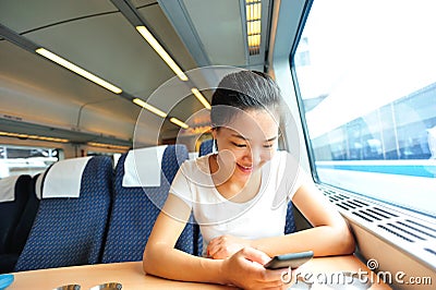 Woman use smartphone interior of train