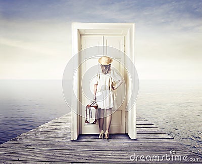 Woman waiting in front of a door