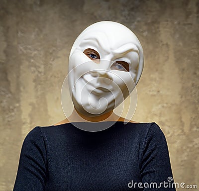 Woman in white mask. Horror concept