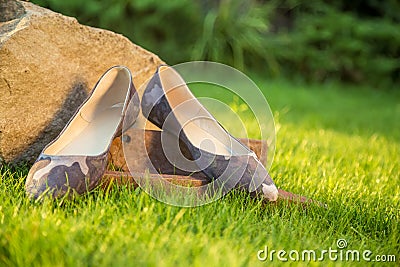 Women s shoes, ballet flats on grass, military style