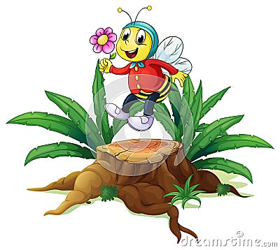 Illustration of a wood with a bee holding a flower on a white 