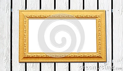 Wood fence background with yellow photo frame