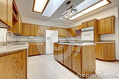 Wood kitchen with island without windows with bright light.